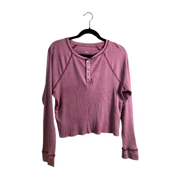 American Eagle Long Sleeve Ribbed Raw Hem Henley - Picture 1 of 3